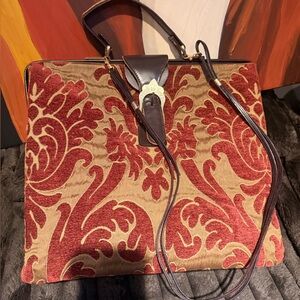 Elegant 1990’s? Red and Brown tapestry Bag laptop work satchel warm colors.